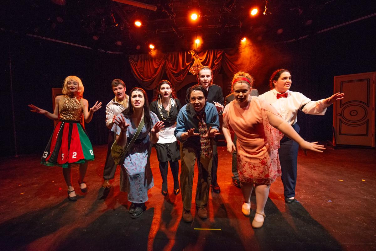 Theatre Arts students wearing costumes presenting in the production Lucky Stiff.