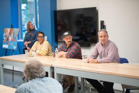 From left, Sheila Coon, of Hot Oven Cookies, Ted Dobek, of Circuit Coffee and Bob Lowry of Bueno Y Sano, speak to students, faculty and staff at the Entrepreneurs of Western Mass panel discussion at the RIDE center on November 6.